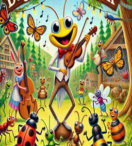 A bee playing the violin surrounded by other bugs.