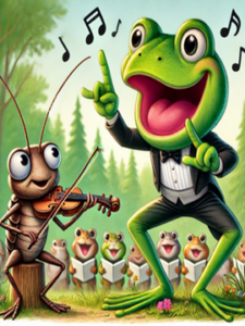 A frog and a bug playing instruments together